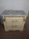 Contemporary Two Drawer Side Table w/ Faux Marble & Metal Accents
