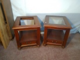 Pair Wooden Glass Top Side Tables - One Missing Glass