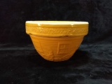 Antique Yellow Pottery Mixing Bowl, Girl Watering Flowers