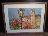 Framed and matted watercolor, Streetlight, signed