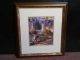 framed and Double MAtted Print, Potted Flower Garden, signed