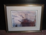 Framed and Double Matted Print, Ferry Boats at Dock 218/950 Signed Al Becker, 1984