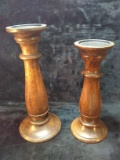 Pair Wooden Pillar Candle Holders