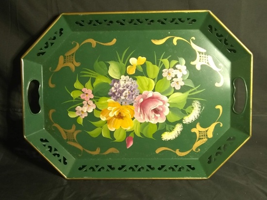 Vintage Hand painted Serving Tray with Pierced Gallery
