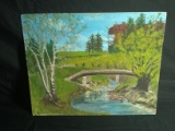 Acrylic on Board Double Signed Mountain Scene/Bridge -signed R. Schaefer