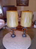 Pair Vintage Spelter MCM Lamps with Amber Lucite Prisms