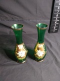 Pair Hand painted Green Venetian Vases