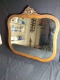 Antique Oak Beveled Mirror with Carved Details