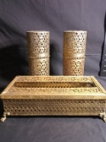 MCM Pierced Brass Tissue Holder with Matching Pierced Vanity Items