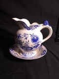 Vintage Blue Onion Miniature Pitcher and Bowl