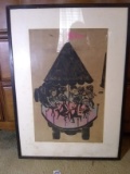 Framed and Matted Block Print-Children on a Carousel signed Leona Picorce (?)