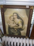 Antique Framed Colored Lithograph -Mary with Child