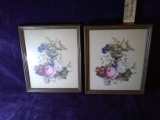 Pair Vintage Framed Prints-Still Life of Fruit and Flowers