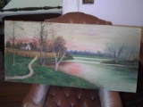 Unframed Oil on Canvas-House and Lake Scene