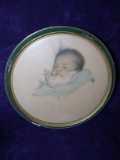 Antique Colored Print with Antique Round Frame-Sleeping Baby