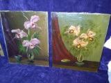 Pair Antique Unframed Oil on Canvas-Flowers