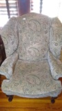 Contemporary Upholstered Wing Back Chair on Mahogany Frame