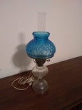 Upstairs - Antique Converted Oil Lamp w/Blue Quilted Shade