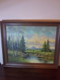 Upstairs - Framed Oil on Canvas - Lake & Cabin - Signed