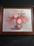 Upstairs -Contemporary Framed Oil on Canvas-Still Life of Flowers -signed