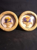 Upstairs -Pair Round Chalkware Framed Shadow Boxes/Flowers