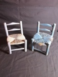 Upstairs -Pair Blue Painted Rush Bottom Doll Chairs