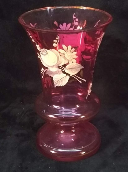 Vintage Fenton Cranberry Hand Decorated Vase