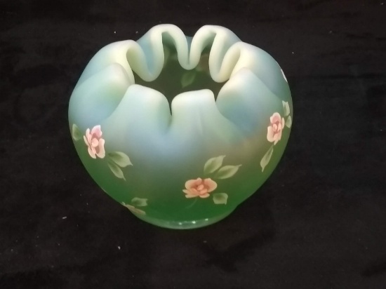 Vintage Fenton Green Satin Opalescent Pinched Top Bowl