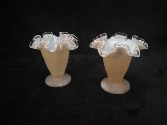 Pair Vintage Fenton Silver Crest Ruffled Edge Vases