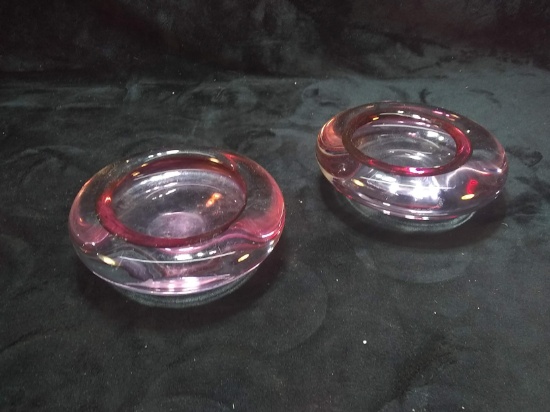 Pair Lead Crystal Cranberry Ashtrays By Studio Ahus -Swedish