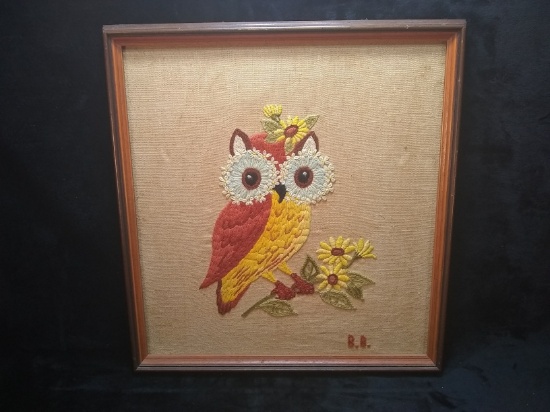 Vintage Embroidery Framed Owl signed BB