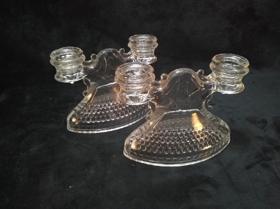 Pair Crystal Double Arm Hobnail Candlesticks