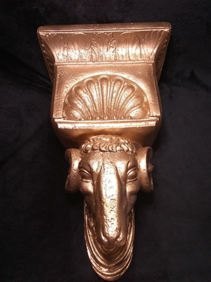 Vintage Chalkware Gold Decorated Rams Head Shelf w/ Shell Carving