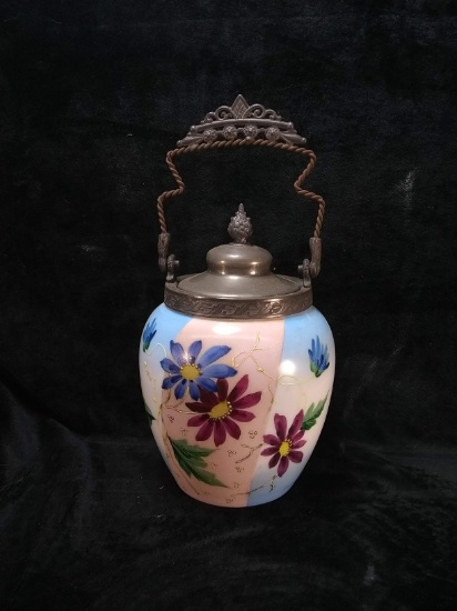 Antique Hand painted Victorian Biscuit Jar with Silver Plated Handle