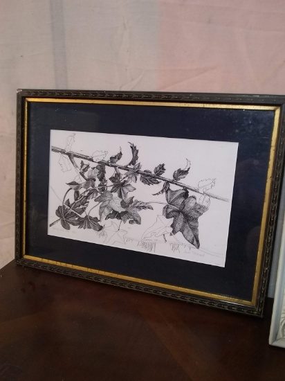 Framed And Matted Pen and Ink-Holly and Ivy 5/11 2003 signed John Tekian-Antique Inlaid Frame