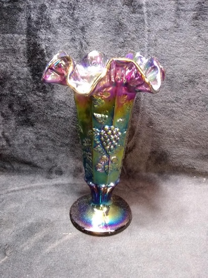 Antique Carnival Glass Iridescent Grape and Leaf Ruffled Edge Vase