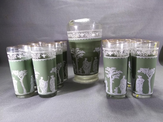 Green Wedgewood Style Pitcher and 12 Glasses