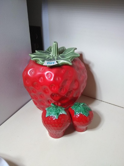 Vintage MCM Strawberry Cookie Jar with Salt and Pepper