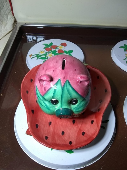 Novelty Strawberry Piggy Bank and Underplate