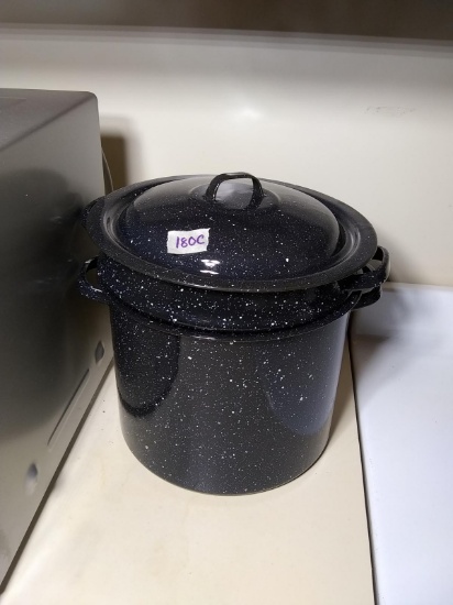 Enamel Splatterware Pot and Strainer Set