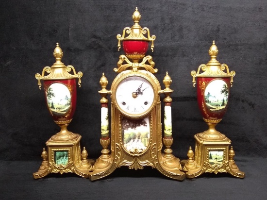 Antique Imperial Victorian Garniture Clock with Side Vessels