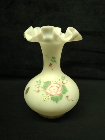 Fenton White Satin Ruffled Edge Hand Decorated Vase
