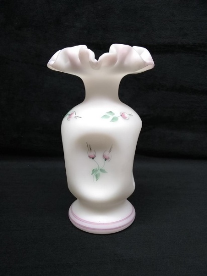 Fenton White Satin Ruffled Edge Hand Painted Vase