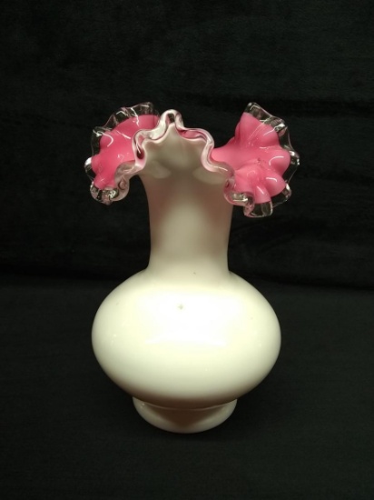 Fenton Pink Luster Silver Crest Ruffled Edge Vase