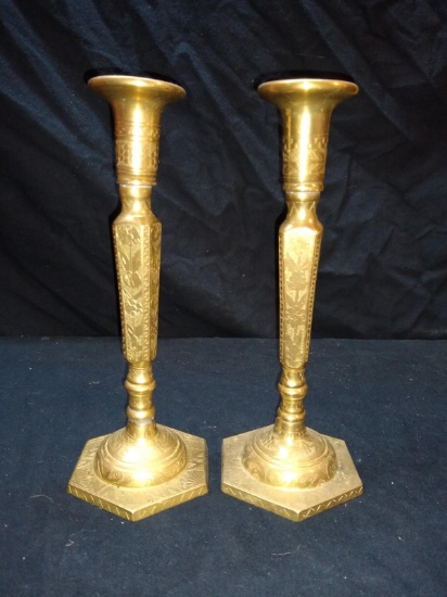 Pair Cast Brass Candlesticks with Etched Details
