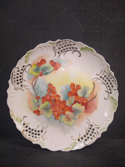Vintage Hand painted Plate with Grapes and Reticulated Edge