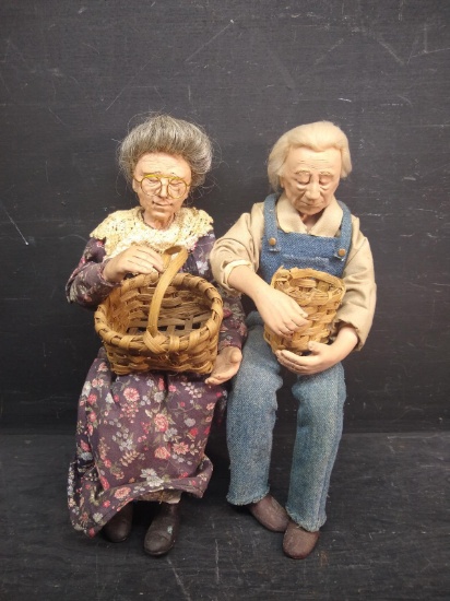 Pair Novelty Ceramic Old Man and Woman Shelf Sitters