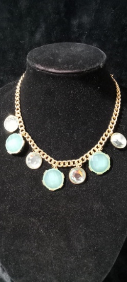 Costume Jewelry-Gold Tone Necklace with Jade Style Pendants