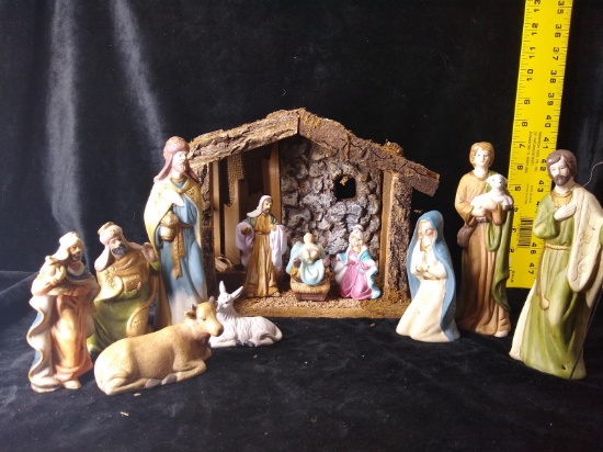 Contemporary Ceramic Nativity Set with Creche