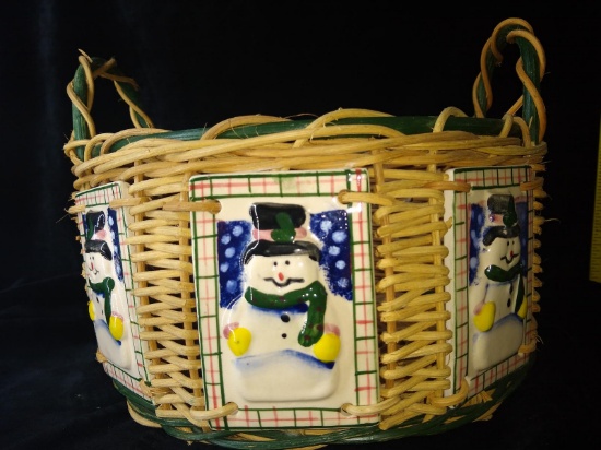 Wicker and Tile Decorated Snowman Handle Basket